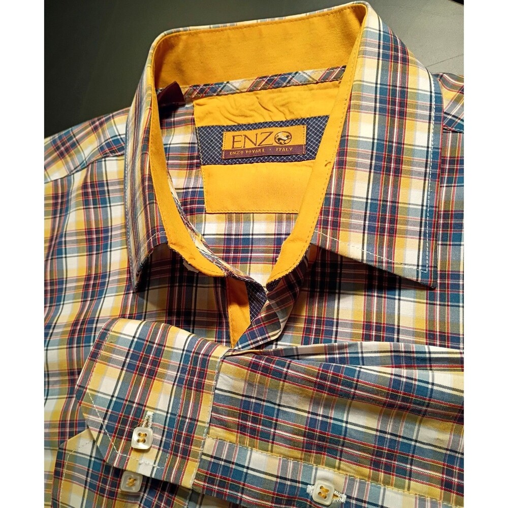 Enzo Made in Italy Button Up Mustard Teal Plaid Shirt Size M/L Convertible Cuff